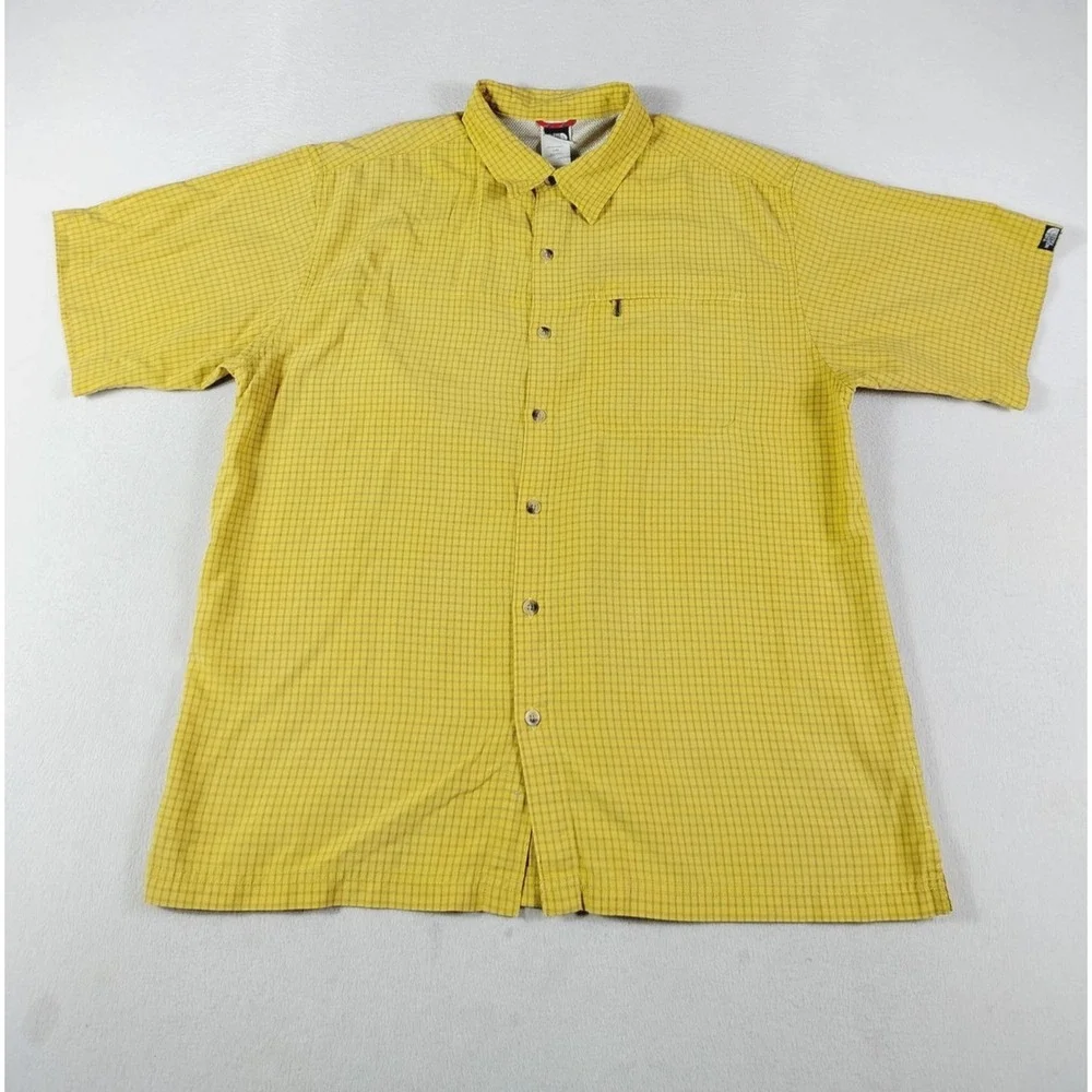 The North Face Shirt Mens Large‎ Yellow Check Short Sleeve Button Up Outdoor